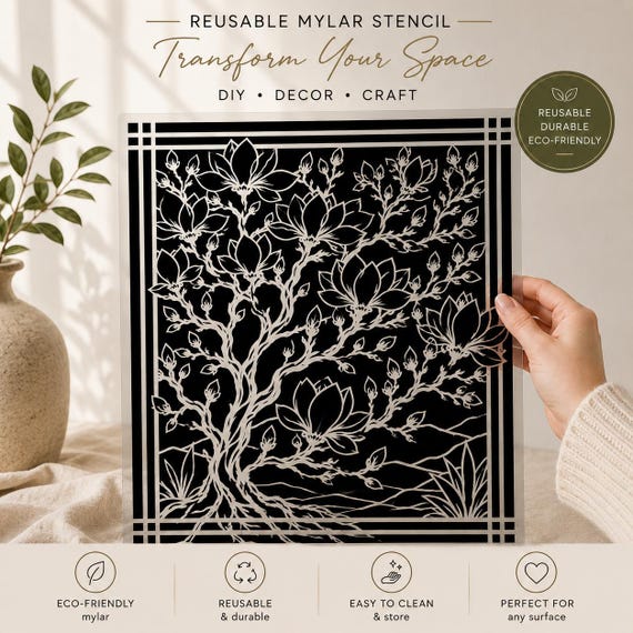 Stained Glass Magnolia Tree Stencil, Large Floral Wall Stencil, Reusable Mylar