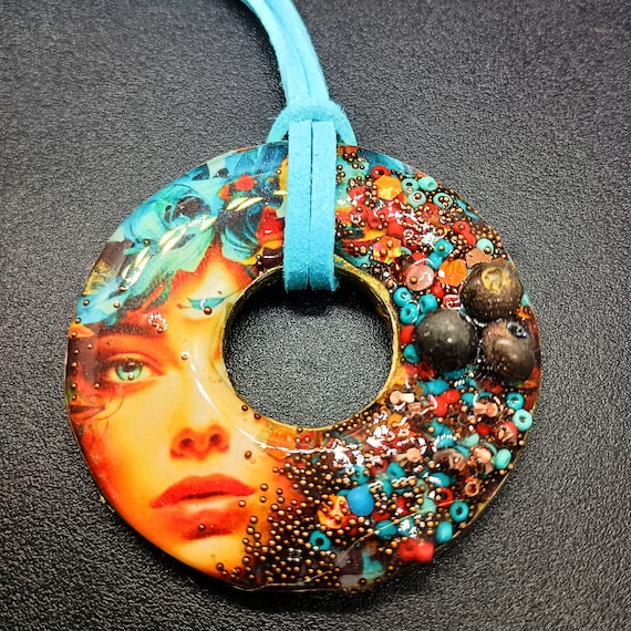 Polymer clay and mixed media pendant