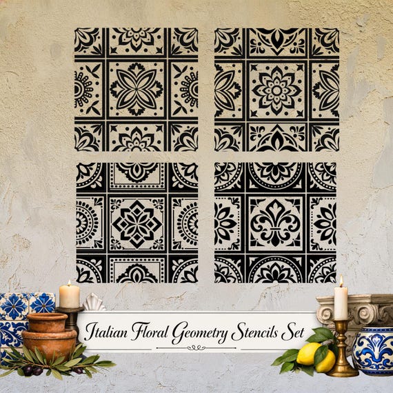 Italian Floral Geometry Stencils Set – Mediterranean Tile Patterns for Wall, Wood & Ceramic Art