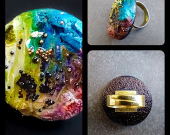 One-of-a-kind organic distressed polymer clay ring adjustable