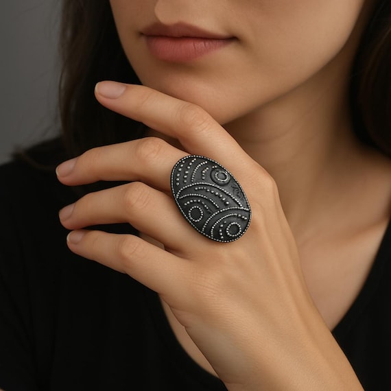 Statement Vintage-Style Oxidized Silver Ring - Large Textured Oval with Swirls and Dots - Boho, Tribal, Gothic Jewelry - Adjustable