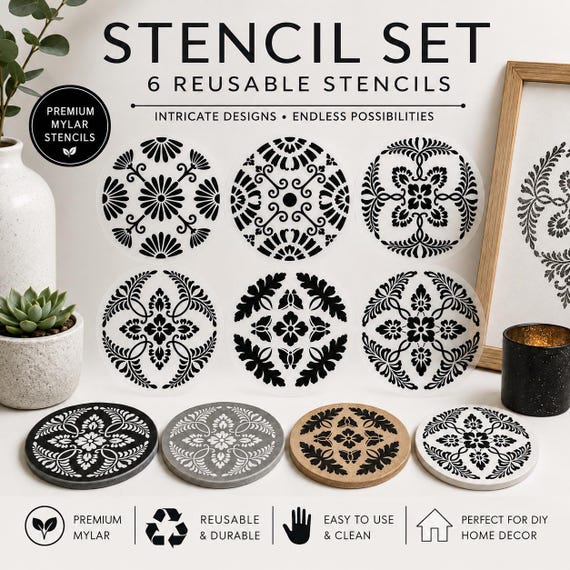 Japanese Floral Stencils Set of 6 – Reusable Mylar Stencils for Furniture, Walls & Crafts