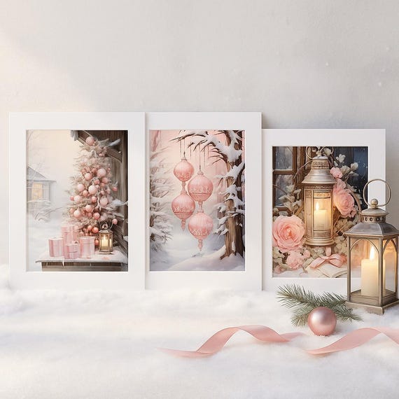 Pink Winter Elegance – Trio Art Print Set on Canvas - Free Shipping