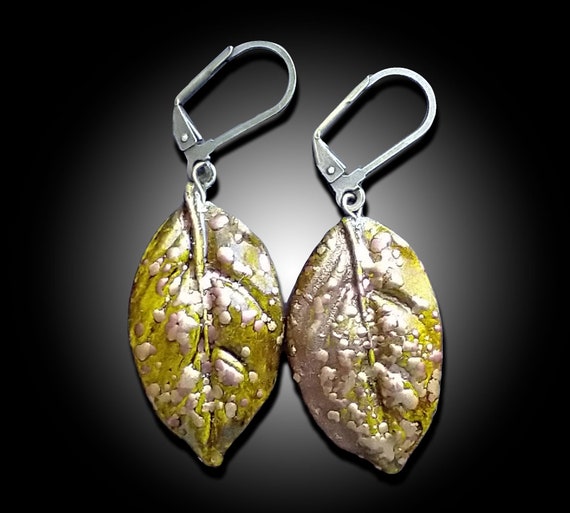 One-of-a-kind asymmetrical leaves polymer clay earrings studs
