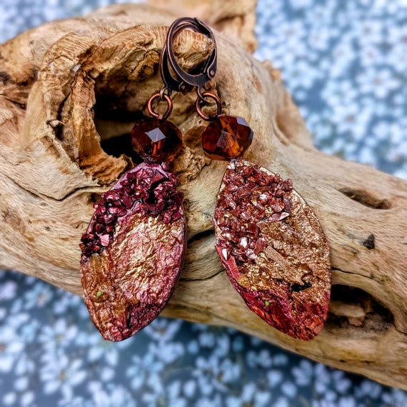 Handmade Textured Copper Leaf Earrings -Rustic Boho Dangle Earrings with Gem Accents