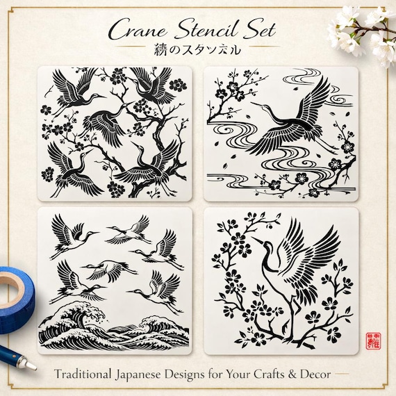 Japanese Crane Stencil Set | 4 designs for DIY projects | Reusable Mylar