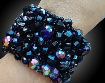 Handmade Black Beaded Cuff Bracelet, Woven Glass Bead Design