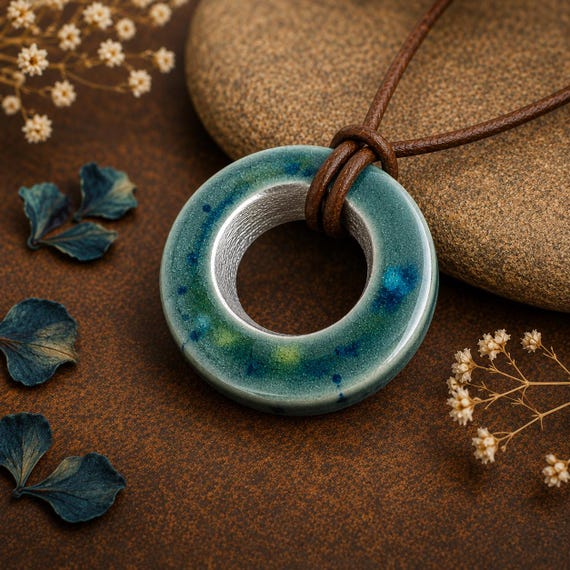 Handmade Ceramic Donut Pendant Necklace | Turquoise Crackle Glaze Pendant | Minimalist Artisan Jewelry | Boho Ceramic Necklace | OOAK Gift