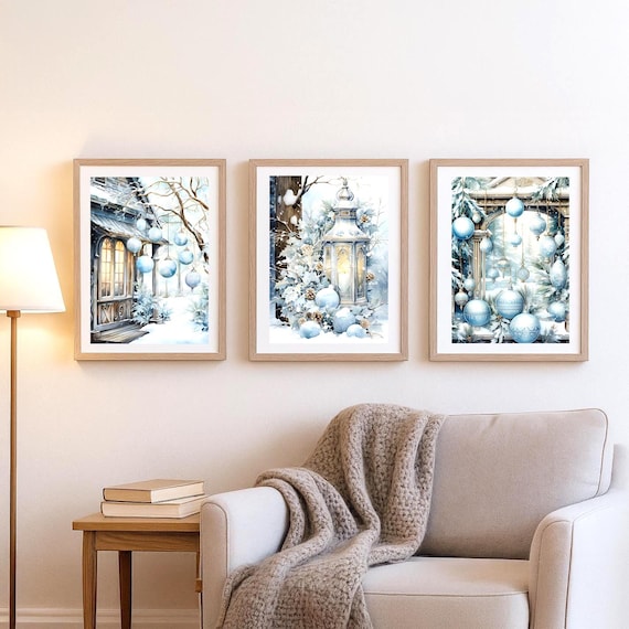 Winter’s Whisper – Set of 3 Blue Ornament Prints - Peaceful Winter Cottage | Lantern Glow | Ornament Archway - Free Shipping