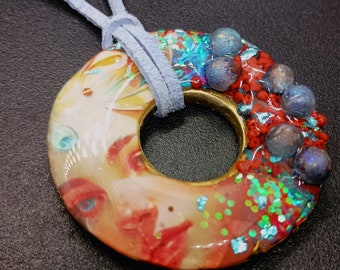 One-of-a-kind Polymer clay and mixed media pendant