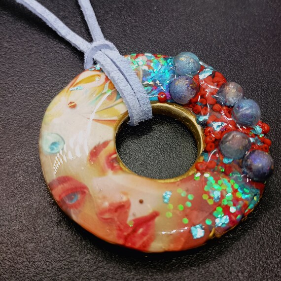 One-of-a-kind Polymer clay and mixed media pendant