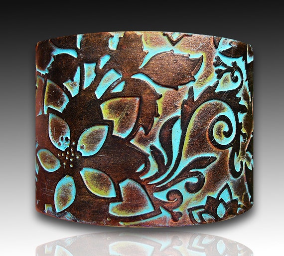 Handmade copper and bronze with patina polymer clay cuff bracelet