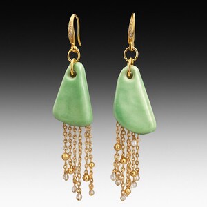 Green Ceramic Dangle Earrings with Chain Fringe – Handmade Boho Chic Statement Earrings