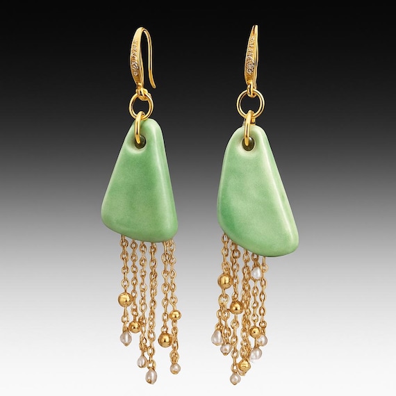 Green Ceramic Dangle Earrings with Chain Fringe – Handmade Boho Chic Statement Earrings
