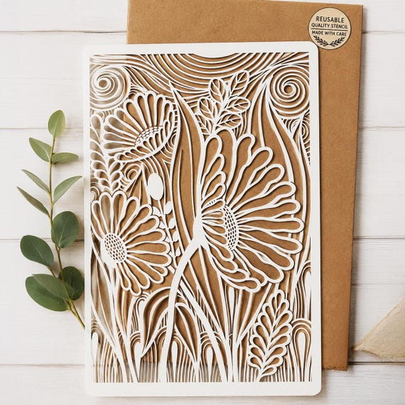 Floral Botanical Stencil • Reusable Wildflower Stencil for Furniture, Walls, Fabric & DIY Decor