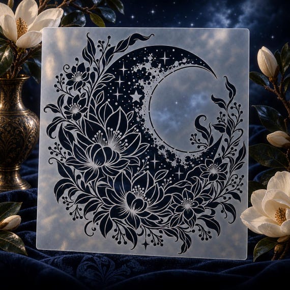 Celestial Moon Floral Stencil, Reusable Mylar Botanical Craft Tool