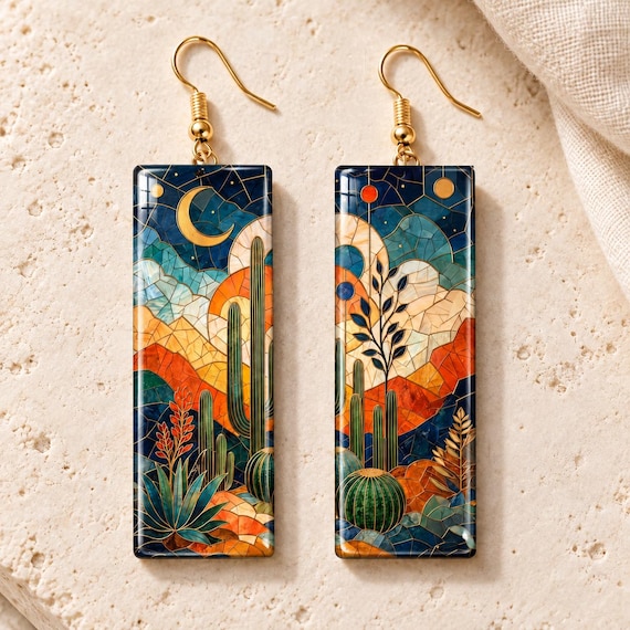 Handmade Polymer Clay Dangle Earrings, Stained Glass Cactus Moon Design, Boho Jewelry