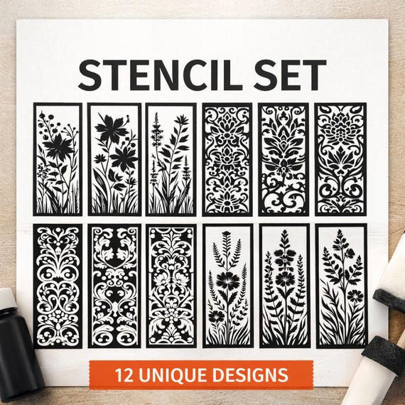 12 Floral & Ornamental Mylar Stencils Set for Mixed Media, Painting and Craft Projects