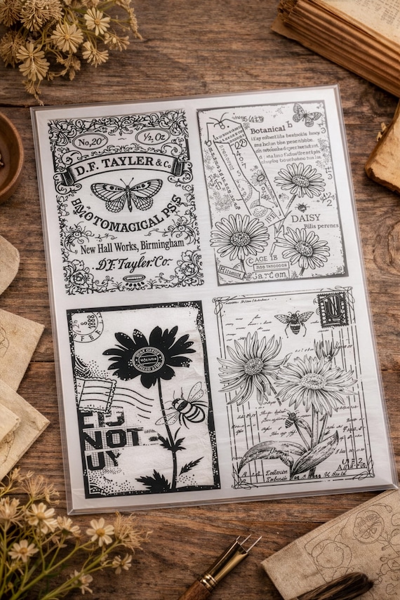 Vintage Botanical & Script Silicone Stamp