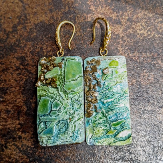 Handmade Green Waters Textured Statement Earrings with Gold Accents – Nature-Inspired Dangle Jewelry