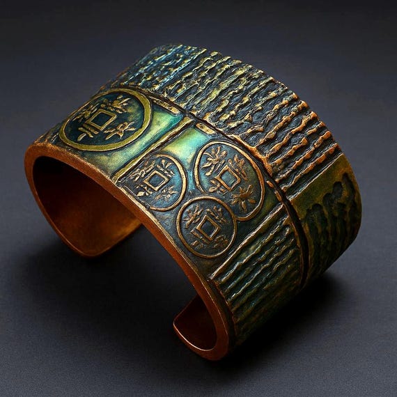 Handmade Polymer Clay Cuff Bracelet – Ancient Coin Motif, Oxidized Bronze Patina, Bohemian Statement Jewelry