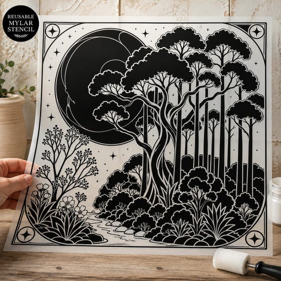 Art Nouveau Inspired Moonlit Forest Stencil – Enchanted Woodland Tree & Moon Stencil – Botanical Celestial Mylar Stencil