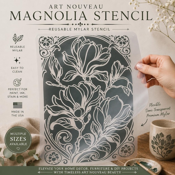 Art Nouveau Magnolia Stencil | Reusable Mylar Floral Wall Decor (DIY Craft Template)