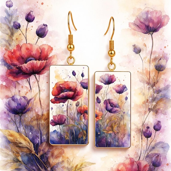 Watercolor Purple & Coral Wildflowers Earrings