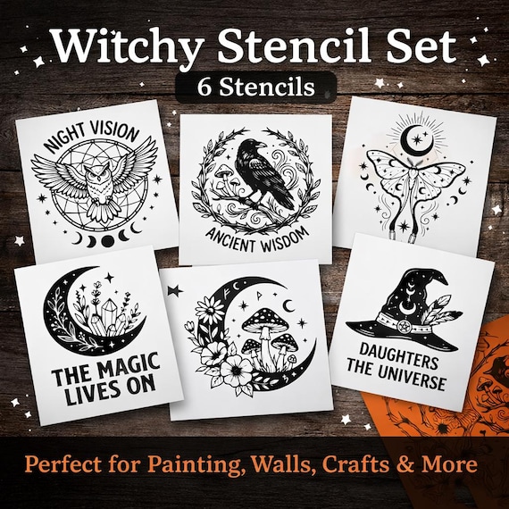 Witchy Stencil Set – Mystical Moon, Crow & Mushroom Designs for Wall, Wood, and Fabric Crafts