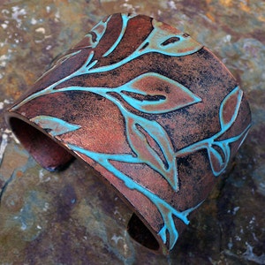Beautiful Laurel copper and patina polymer clay cuff bracelet