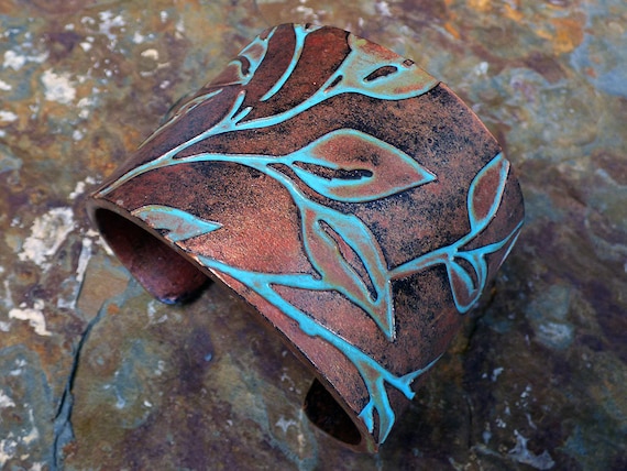 Beautiful Laurel copper and patina polymer clay cuff bracelet