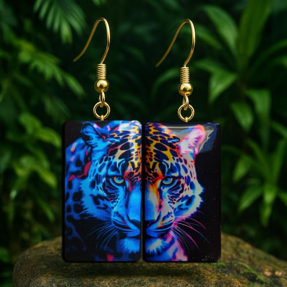 Jaguar Earrings · Handmade Rectangular Dangle Earrings · Bold Animal Print Jewelry · Statement Earrings with Gold-plated 925 Silver Hooks