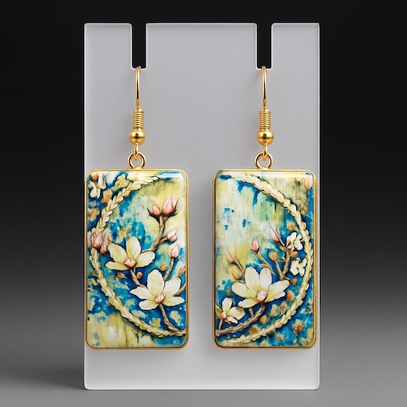 Handmade Floral Polymer Clay Earrings – Lightweight, Rectangular Dangle Earrings with Gold tone Hooks