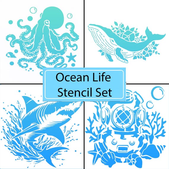 Ocean Life Stencil Set – Whale, Octopus, Shark & Diver (11.5" Mylar)