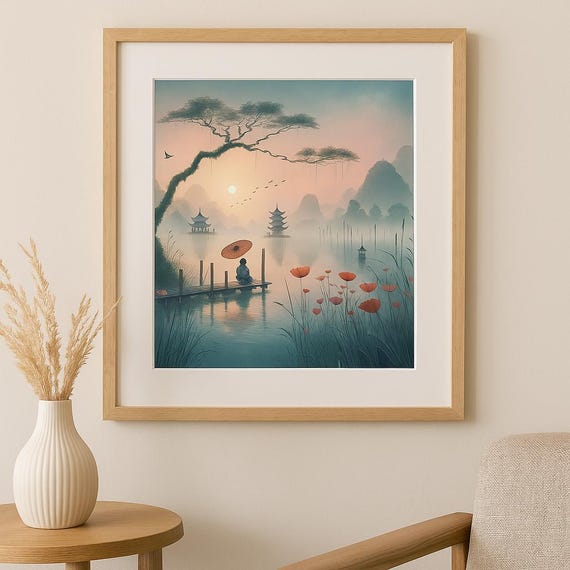 Serene Japanese Landscape Wall Art • Tranquil Zen Decor • Art Print on Canvas • Japandi Style Home Decor • Meditation Room Artwork