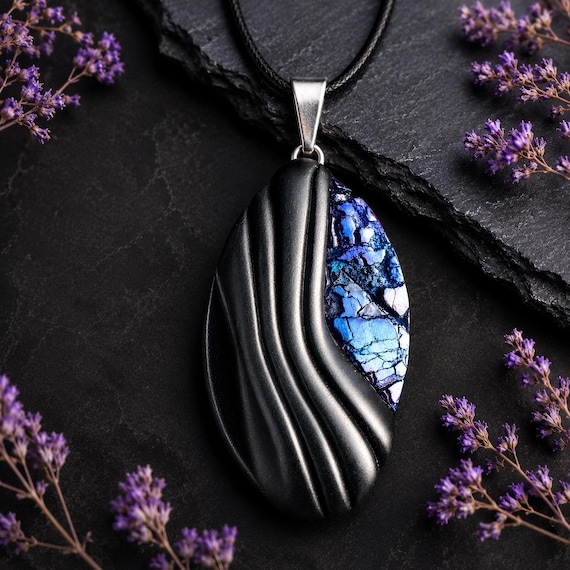 Handmade Polymer Clay Pendant Necklace, Blue Abstract Statement, Lightweight Modern Art Jewelry