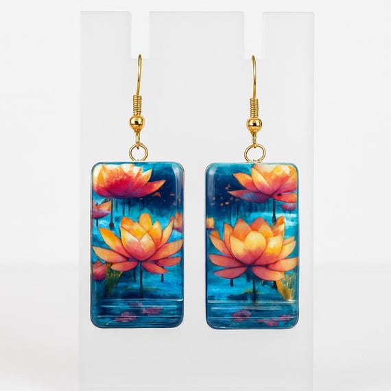 Handmade Lotus Flower Earrings – Polymer Clay with Resin Finish, Boho Dangle Earrings, Lightweight Artistic Jewelry