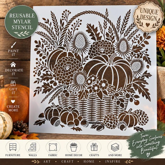 Fall Harvest Basket Stencil – Pumpkin & Floral Autumn Stencil – Reusable Mylar Stencil for Furniture, Signs, Walls and DIY Decor