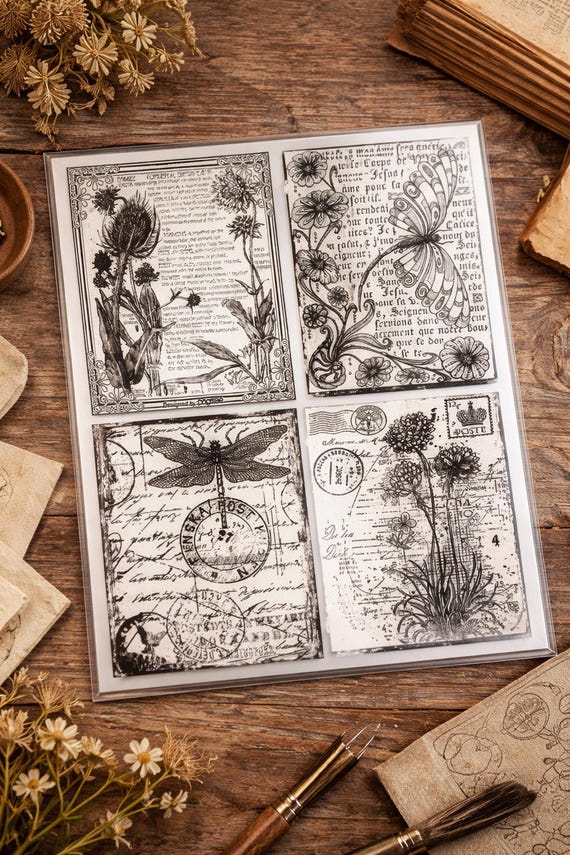 Vintage Botanical & Script Silicone Stamp
