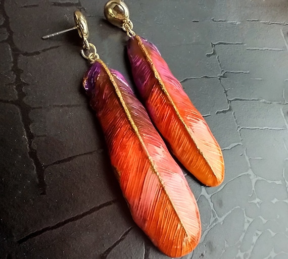 One-of-a-kind Summer of love polymer clay asymmetrical feathers earrings