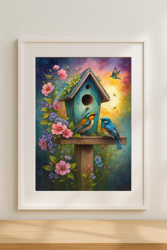 Enchanted Birdhouse & Wildflowers – Vibrant Nature Art on Matted Canvas, Coasters, Tumblers, T-Shirts, and Car Plates