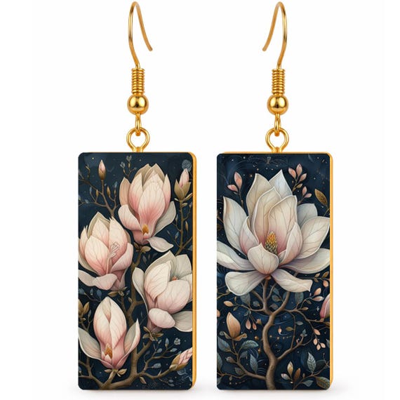 Magnolia Earrings – Floral Art Polymer Clay Earrings, Handmade Image Transfer Dangle Jewelry