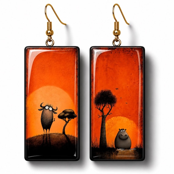 Handmade Polymer Clay Safari Animal Earrings, African Sunset Art Jewelry