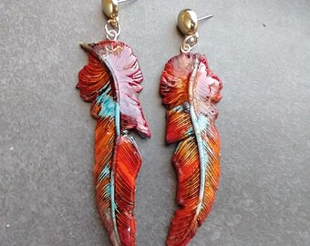 One-of-a-kind Summer of love polymer clay feathers earrings