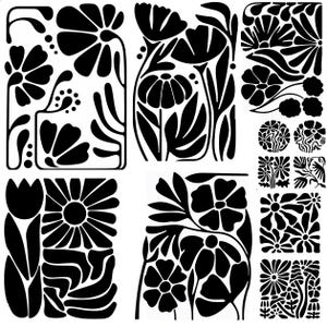 Puede incluir: Una colección de diseños florales negros en varias formas y tamaños. La imagen presenta flores estilizadas, hojas y patrones abstractos, dispuestos en formatos rectangulares y cuadrados. Los diseños son adecuados para la impresión textil, plantillas u otros proyectos de manualidades.