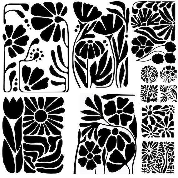 Art Nouveau Floral Stencil Set – 8 Botanical Mylar Stencils – DIY Decor