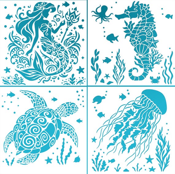 Ocean Life Stencil Set – Mermaid, Sea Turtle, Seahorse & Jellyfish | 7.9"x7.9" Reusable Mylar Stencils for Painting, Wall Art and Crafts