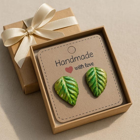 Handcrafted Leaf Stud Earrings – Polymer Clay, Painted by Hand