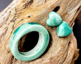 One-of-a-kind ceramic set of earrings and a ring