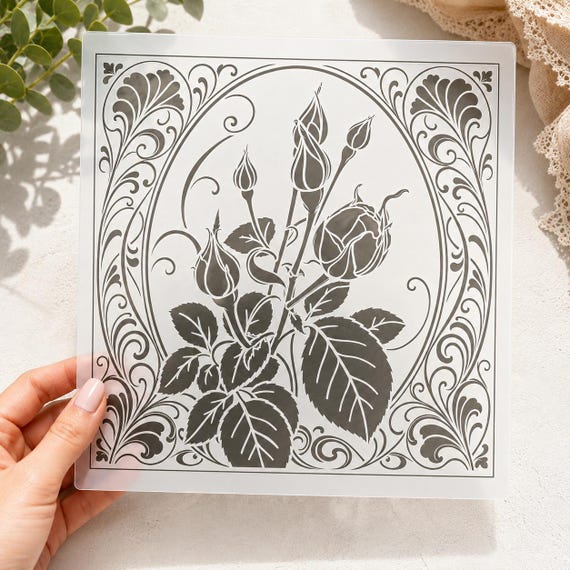 Art Nouveau Rose Stencil | Reusable Mylar Floral Stencil | Vintage Botanical Wall Decor | Furniture, Fabric & Plaster DIY